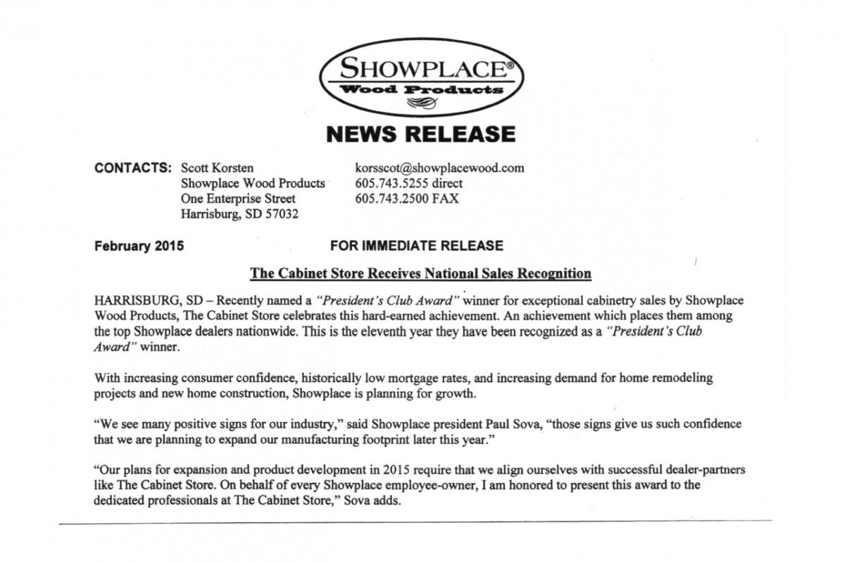 National “Presidents Club Award” Recognition for The Cabinet Store by Showplace Wood Products