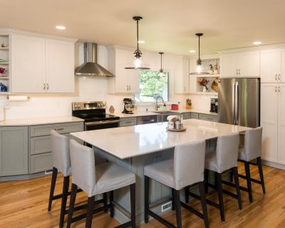 Large Kitchen with white custom cabinets