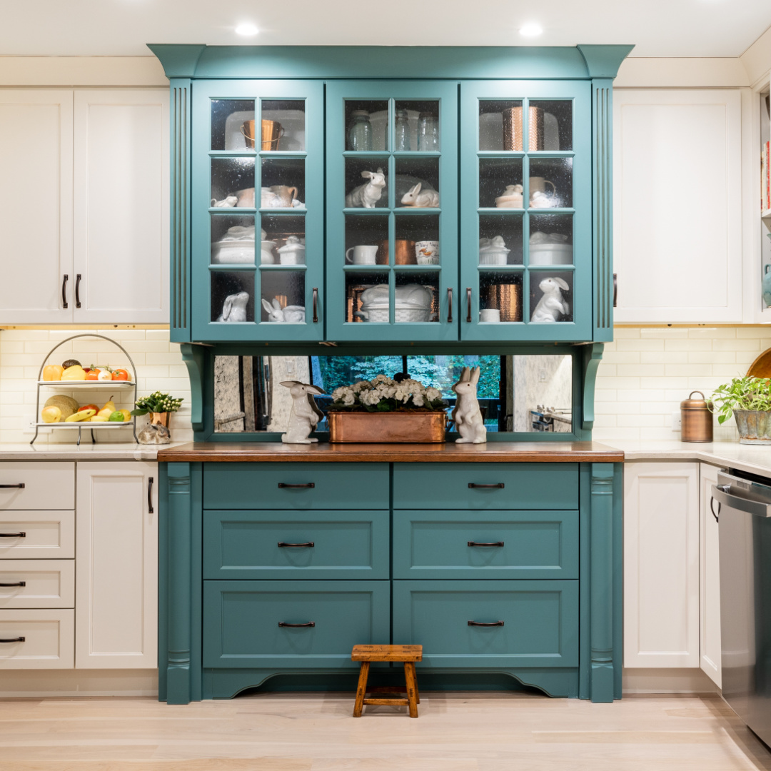 teal kitchen cabinets with glass cabinet doors